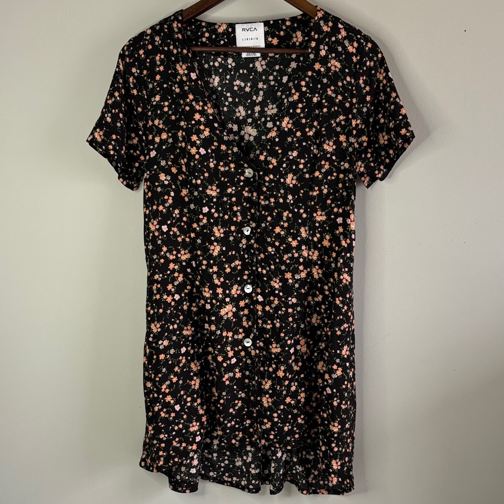 RVCA Black Mini Dress with Pink Floral Buttons